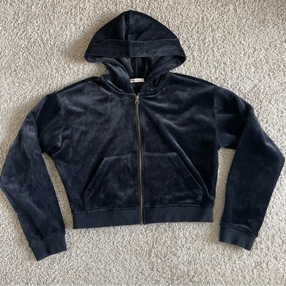 Marine Layer Cropped Corduroy Zip Up Velour Hooded Jacket